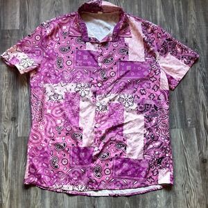 Vintage Style Bandana Patchwork Button Up Shirt Men's L – Pink Paisley Western R